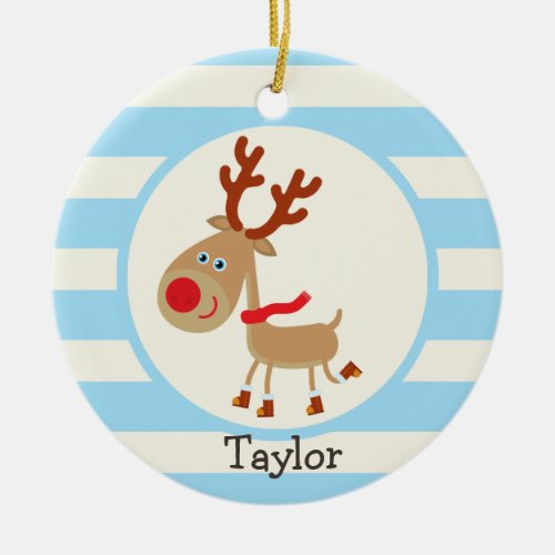 the Red Nosed Reindeer Blue Stripes Ceramic Ornament