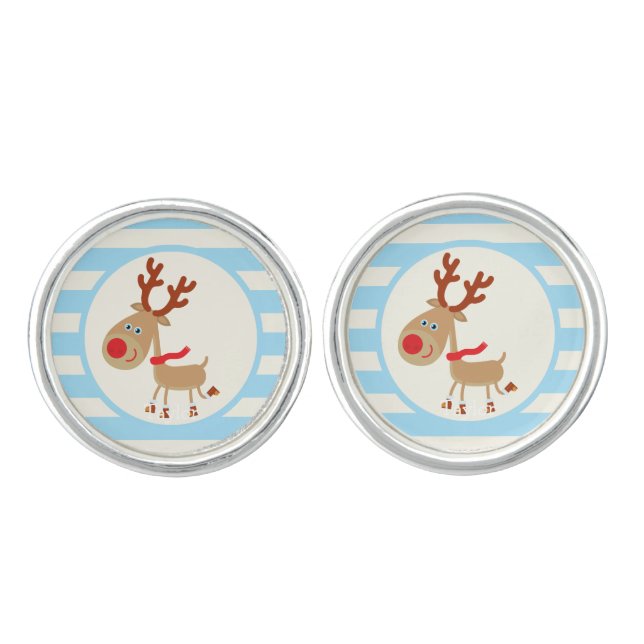 the Red Nosed Reindeer; Blue Stripes Cufflinks (Front)