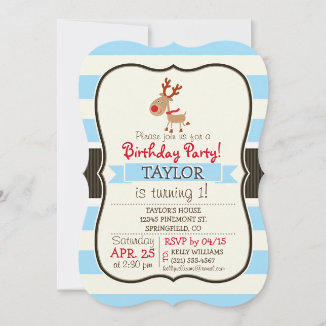 the Red Nosed Reindeer; Blue Stripes Invitation (Front)
