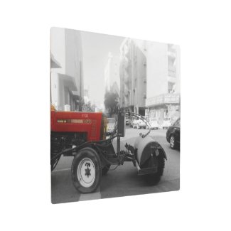 the red street sweeper truck metal print