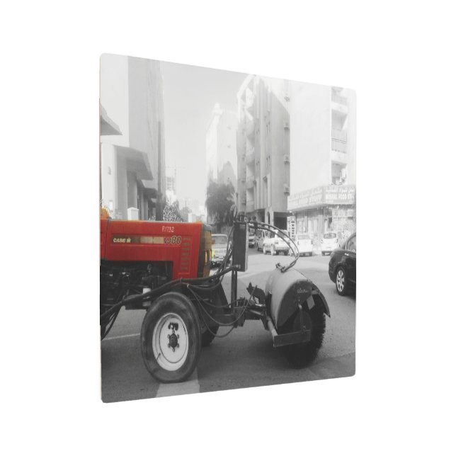 the red street sweeper truck metal print (Angled)