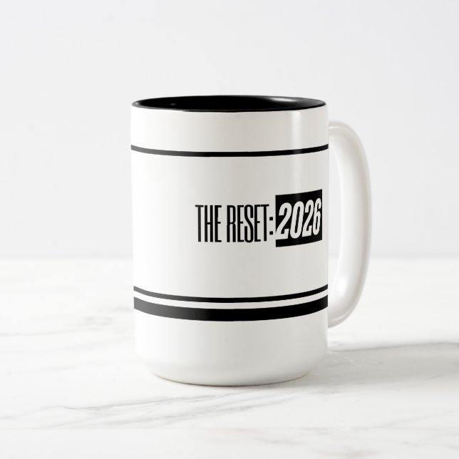 The Reset 2026 Minimal Black & White Two-Tone Coffee Mug (Front Right)
