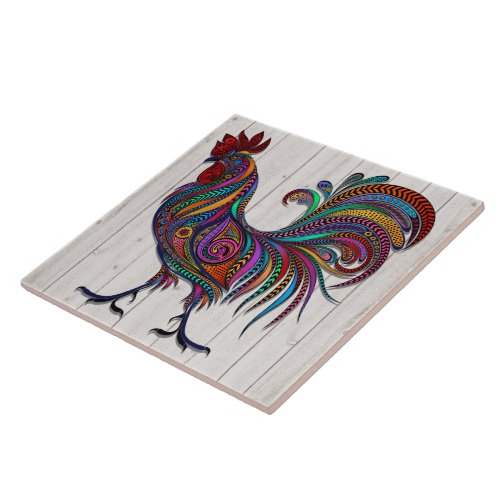 The Resplendent Rooster Tile on Wood IMAGE