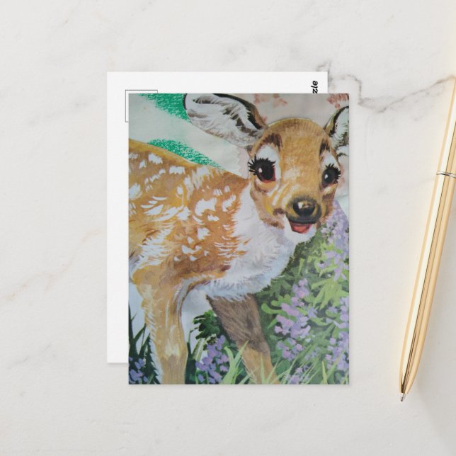 The Retro Baby Deer Fawn Collage Postcard (Front/Back In Situ)
