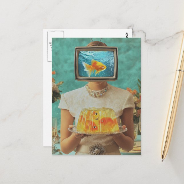 The retro fish gelatin dinner woman postcard (Front/Back In Situ)