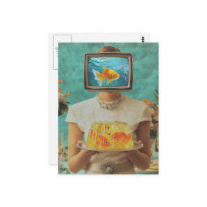 The retro fish gelatin dinner woman postcard