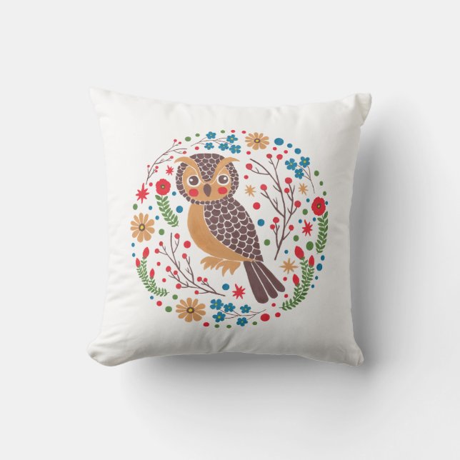 The Retro Horned Owl Throw Pillow (Front)
