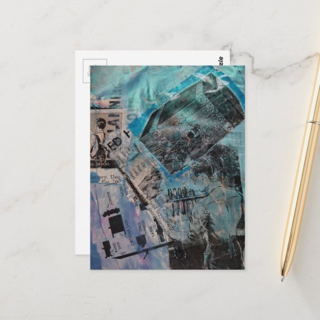 The Retro Man With Trunk and Saws Collage Postcard (Front/Back In Situ)