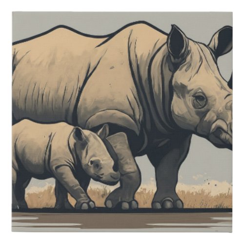 The Rhino and Its Calf  Faux Canvas Print
