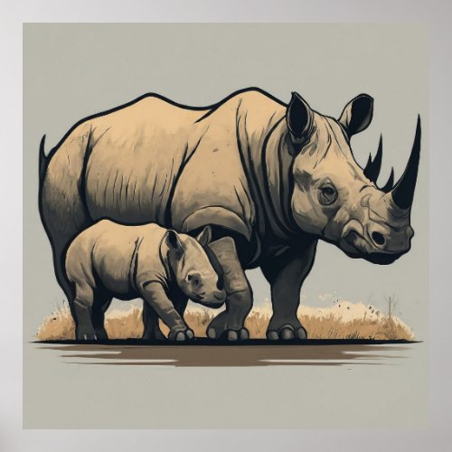 The Rhino and Its Calf  Poster