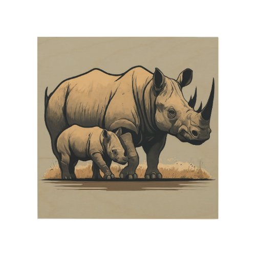 The Rhino and Its Calf  Wood Wall Art