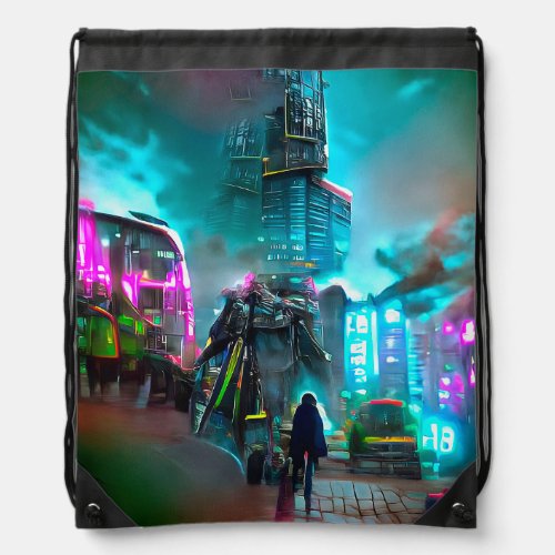 The Rider _ Cyberpunk City Drawstring Bag