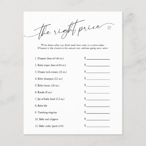 The Right Price Minimalist  Baby Shower Game