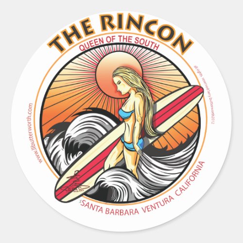 THE RINCON CALIFORNIA SURFING CLASSIC ROUND STICKER