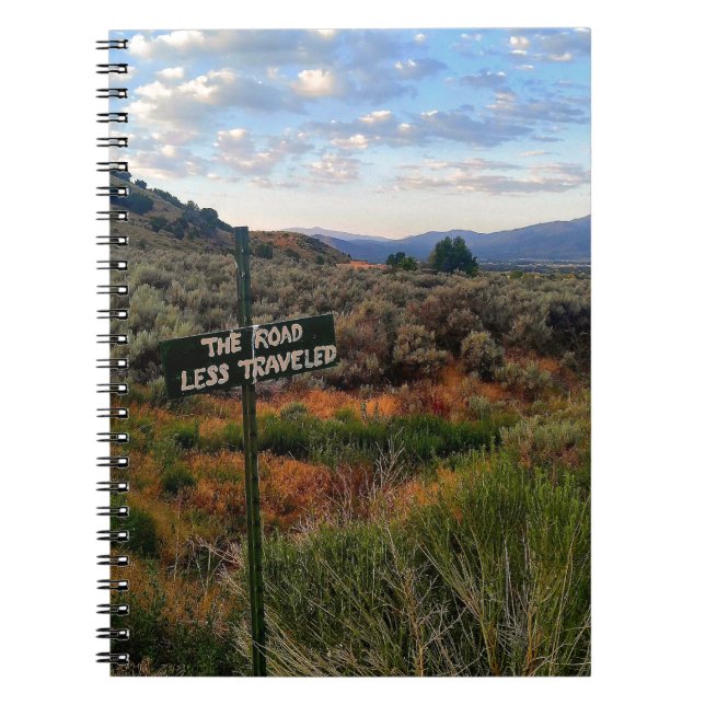 'The Road Less Traveled' Sign Mountain Desertscape Notebook (Front)