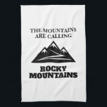 The Rocky Mountains are calling hiking trail quote Kitchen Towel<br><div class="desc">The Rocky Mountains are calling hiking trail quote kitchen towel. Add your own personalized text or funny quote. Colorado mountain peak logo with hiking trail. Custom pot holder for home or office. Cool Birthday gift for people who love hiking, camping, outdoors, nature etc. Unique gifts for friends, family, coworker, colleague...</div>