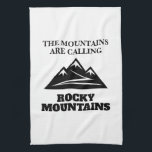 The Rocky Mountains are calling hiking trail quote Kitchen Towel<br><div class="desc">The Rocky Mountains are calling hiking trail quote kitchen towel. Add your own personalized text or funny quote. Colorado mountain peak logo with hiking trail. Custom pot holder for home or office. Cool Birthday gift for people who love hiking, camping, outdoors, nature etc. Unique gifts for friends, family, coworker, colleague...</div>
