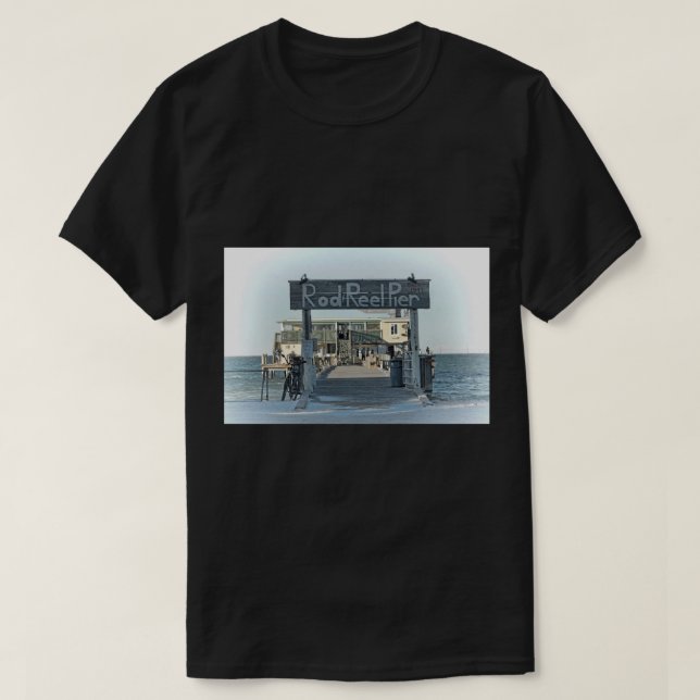 The Rod And Reel Pier Sticker T-Shirt (Design Front)