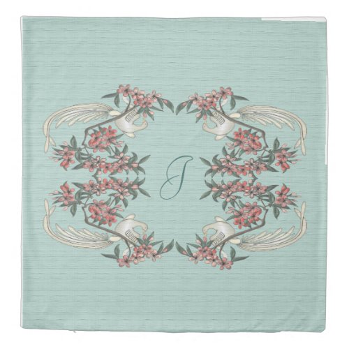 The Romance of Silk Aqua w monogram Queen Duvet Cover