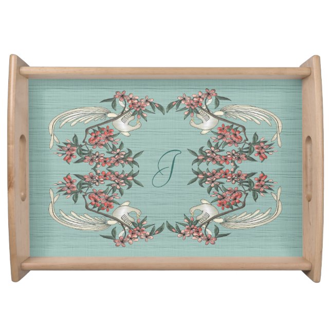 The Romance of Silk Aqua w/ Monogram  Serving Tray (Front)