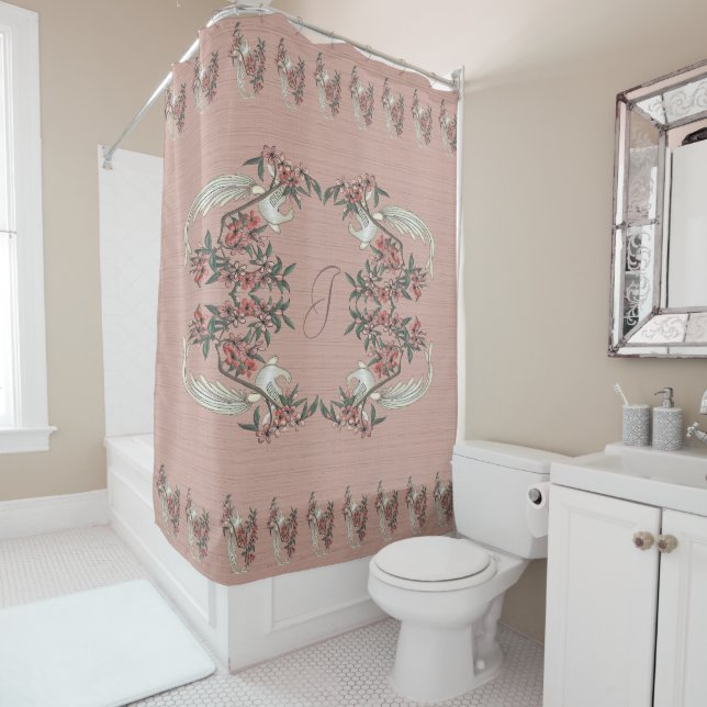 The Romance of Silk Peach w/ Monogram  Shower Curtain (In Situ)