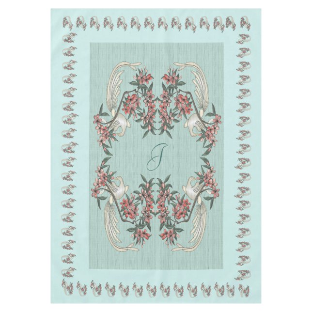 The Romance of Silk w/ Monogram 60" x 84" Aqua  Tablecloth (Front)