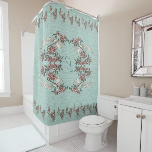 The Romance of Silk w Monogram Aqua  Shower Curtain