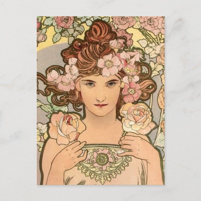The Rose by Mucha Postcard (Front)