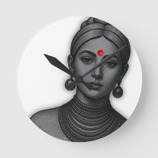 The Royal Gaze - Indian Queen Line Art Round Clock (Front)