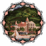 The Royal Hawaiian Hotel Ornament<br><div class="desc">Vintage image of The Royal Hawaiian Hotel on Honolulu in bright,  vivbrant colors makes a great holiday ornament for the tree.</div>