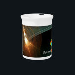 The Russian Moon Landing Drink Pitcher<br><div class="desc">A shiny, golden fractal image, sort of a cross between a Fresnel lens and a bird cage, represent a Soviet-era lunar landing module. The image is superimposed on an a background resembling the dark side of the moon and stars. Russian text reading "Лунный корабль" - moon ship, or lunar ship,...</div>