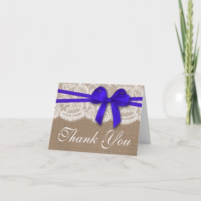 The Rustic Blue Bow Wedding Collection Letterpress Thank You Card (Front)