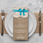 The Rustic Blue Bow Wedding Collection Menu Card<br><div class="desc">The rustic blue bow wedding collection is a stunning design featuring a lovely rustic burlap effect background with a romantic vintage white lace effect trim and a stunning blue bow. These menus can be personalized for your special occasion and would make the perfect template for wedding menus, bridal shower menus,...</div>
