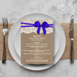 The Rustic Blue Bow Wedding Collection Menu Card<br><div class="desc">The rustic blue bow wedding collection is a stunning design featuring a lovely rustic burlap effect background with a romantic vintage white lace effect trim and a stunning blue bow. These menus can be personalized for your special occasion and would make the perfect template for wedding menus, bridal shower menus,...</div>
