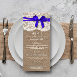The Rustic Blue Bow Wedding Collection Menu Card<br><div class="desc">The rustic blue bow wedding collection is a stunning design featuring a lovely rustic burlap effect background with a romantic vintage white lace effect trim and a stunning blue bow. These menus can be personalized for your special occasion and would make the perfect template for wedding menus, bridal shower menus,...</div>