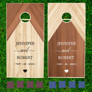 The rustic brown tan wood custom wedding monogram cornhole set