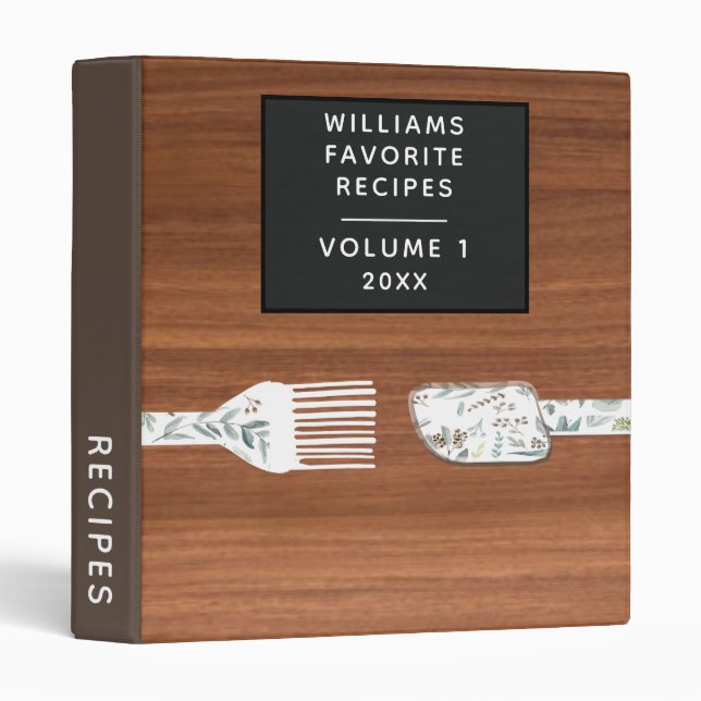 The rustic brown tan wood Pretty Recipe  3 Ring Binder (Front/Spine)