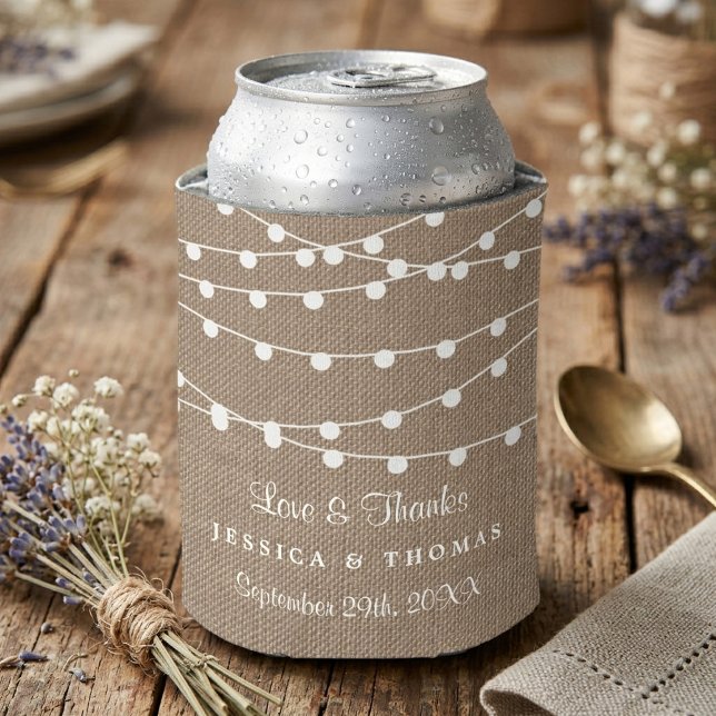 The Rustic Burlap String Lights Wedding Collection Can Cooler (Creator Uploaded)