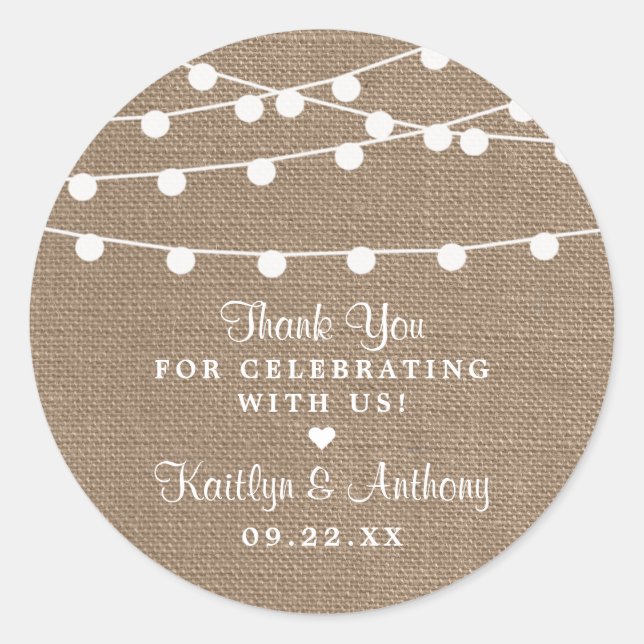The Rustic Burlap String Lights Wedding Collection Classic Round Sticker (Front)