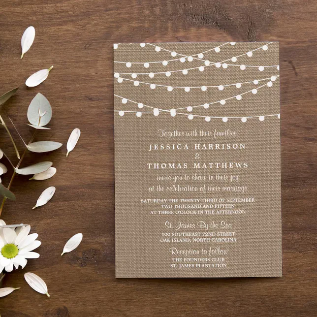The Rustic Burlap String Lights Wedding Collection Invitation | Zazzle