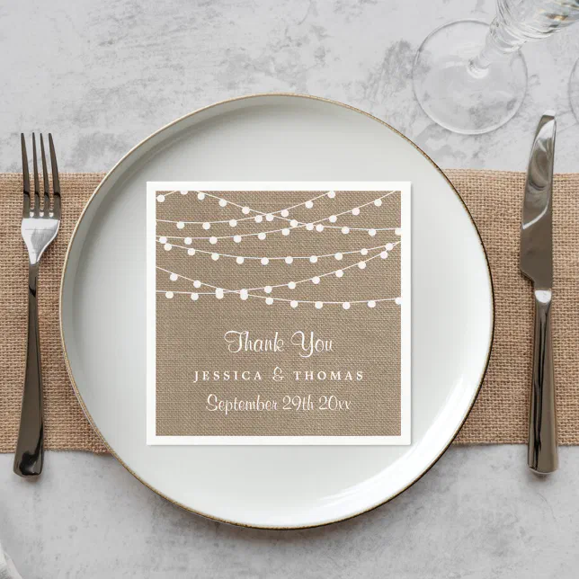 The Rustic Burlap String Lights Wedding Collection Napkins | Zazzle