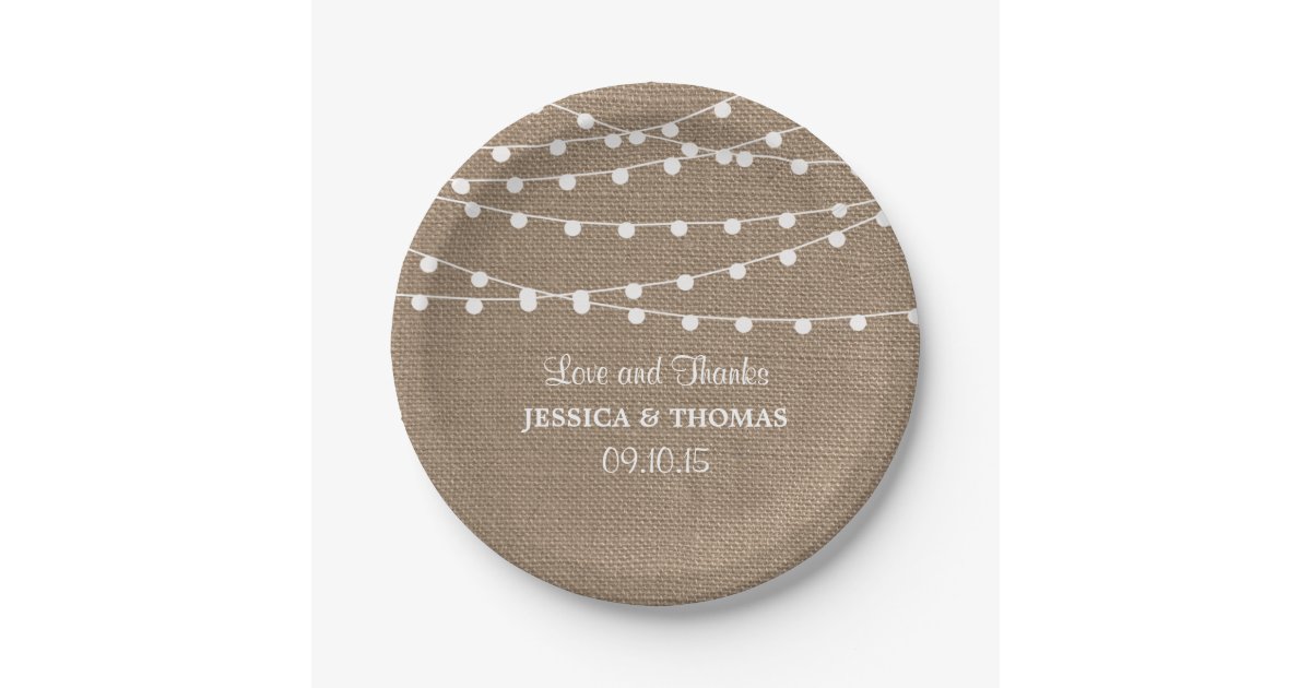 The Rustic Burlap String Lights Wedding Collection Paper Plates | Zazzle