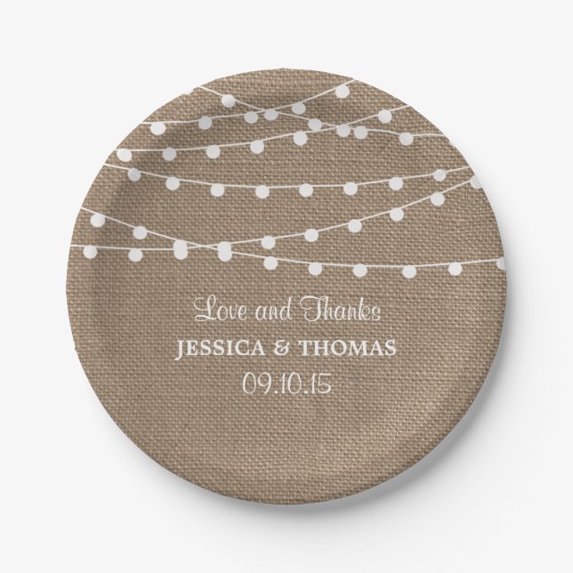 The Rustic Burlap String Lights Wedding Collection Paper Plates (Front)