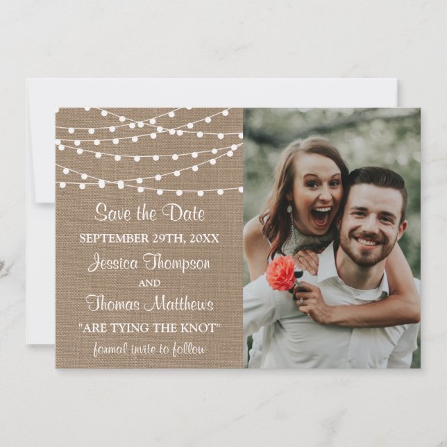 The Rustic Burlap String Lights Wedding Collection Save The Date (Front)