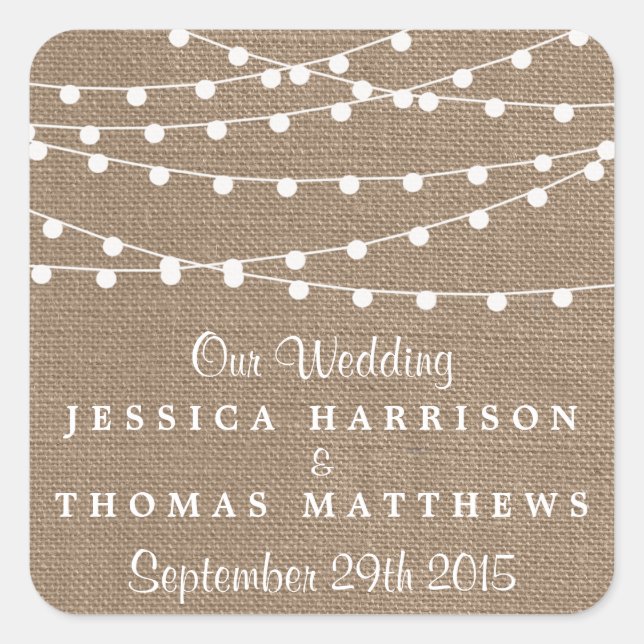 The Rustic Burlap String Lights Wedding Collection Square Sticker (Front)