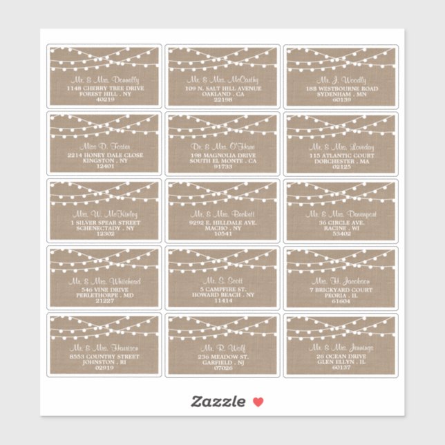 The Rustic Burlap String Lights Wedding Collection Sticker (Sheet)