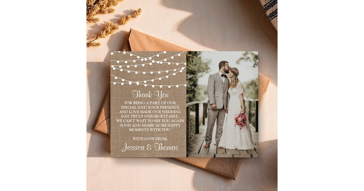 The Rustic Burlap String Lights Wedding Collection Thank You Card | Zazzle