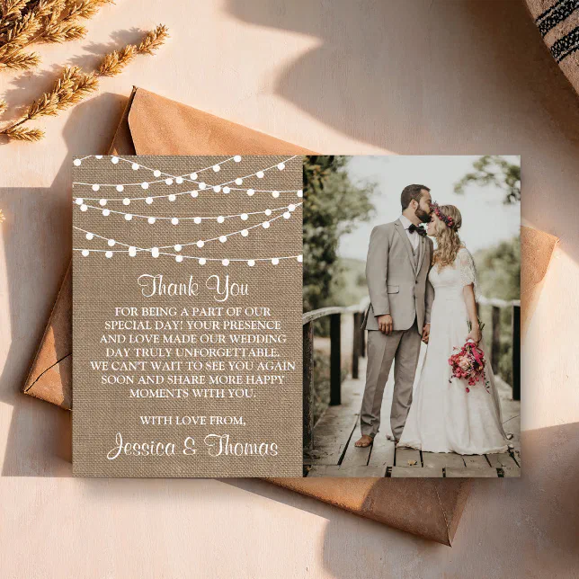 The Rustic Burlap String Lights Wedding Collection Thank You Card | Zazzle