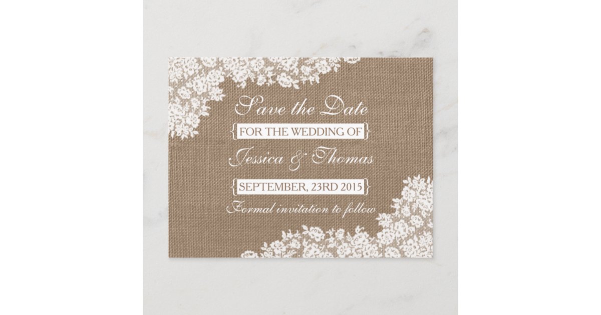 The Rustic Burlap & Vintage White Lace Collection Announcement Postcard ...