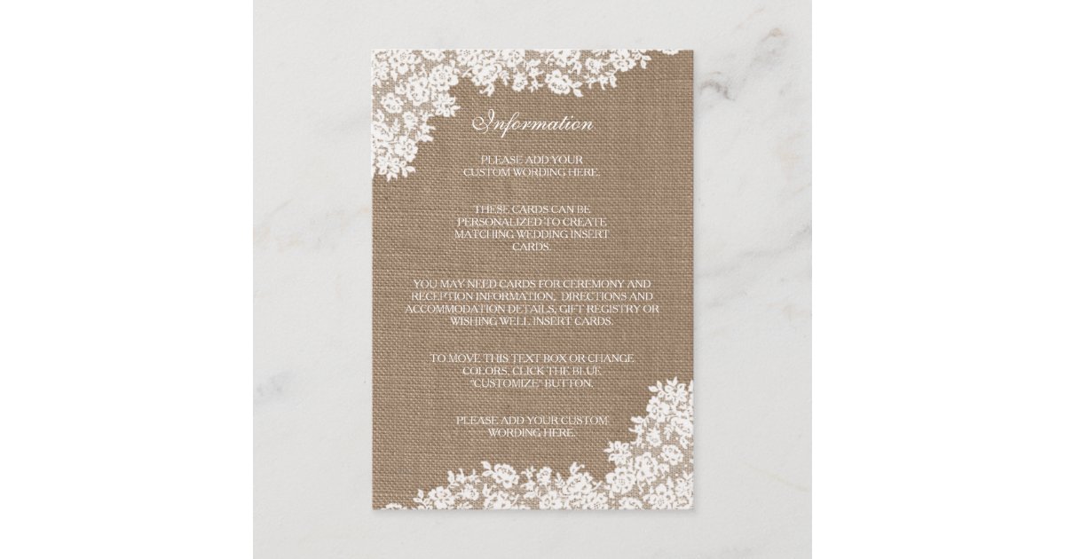 The Rustic Burlap & Vintage White Lace Collection Enclosure Card | Zazzle